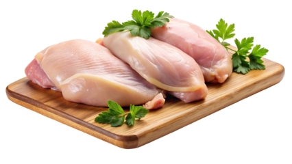 Fresh raw chicken breasts garnished with parsley on a wooden cutting board