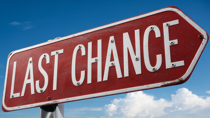 Red weathered sign against blue sky, displaying "Last Chance" in white lettering, conveying urgency and finality