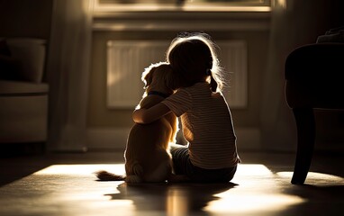 Girl is hugging a dog in a dimly lit room. Scene is warm and comforting