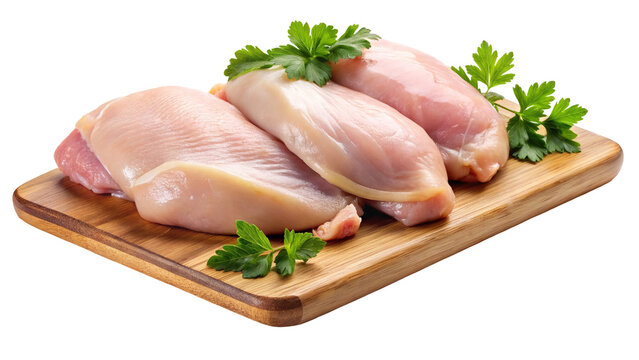 Fresh raw chicken breasts garnished with parsley on a wooden cutting board