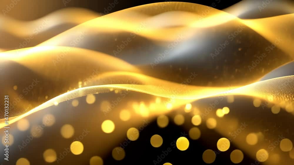 Poster golden waves shimmer in abstract background, creating mesmerizing light experience.