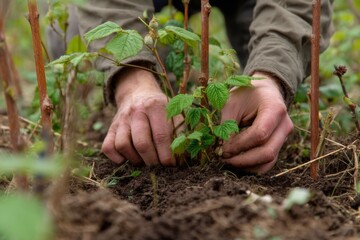 Planting raspberry seedling in ground, careful gardener hands set young fruit shrub into dark soil, backyard orchard