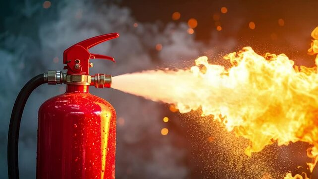 Vibrant fire extinguisher spraying flames amidst smoke, showcasing safety equipment in action
