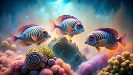 Vibrant Reef Fish Trio Swimming in a Dreamlike Underwater Paradise with Swirling Coral and Soft Light