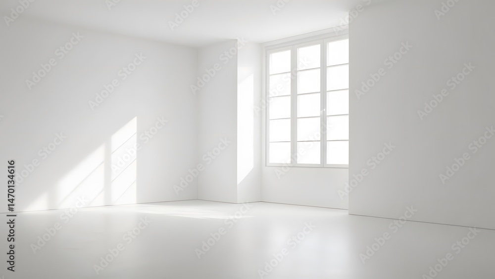 Poster sunlight streams into a minimalist white room, illuminating the pristine walls and floor. a large wi