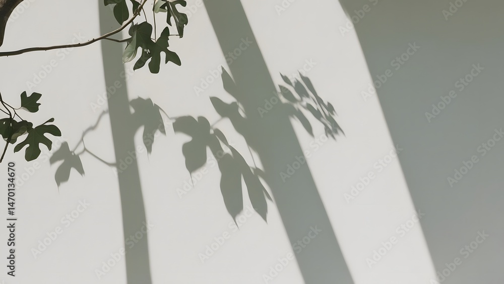 Poster sunlight filters through leaves casting delicate shadows on a pale wall, creating a serene and minim