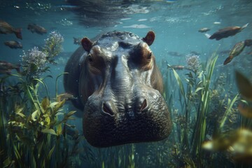 Hippo swimming in aquatic habitat among aquatic plants and fish, creating submerged river animal wildlife close-up