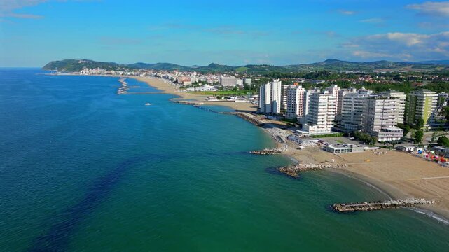 Italy, May 10, 2025: aerial view of the Misano Adriatico beach in the province of Rimini on the Romagna Riviera
