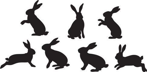 Black rabbit silhouette vector illustration – minimalist bunny design perfect for logos, Easter decorations, wildlife art, printable templates, Isolated hare on white background