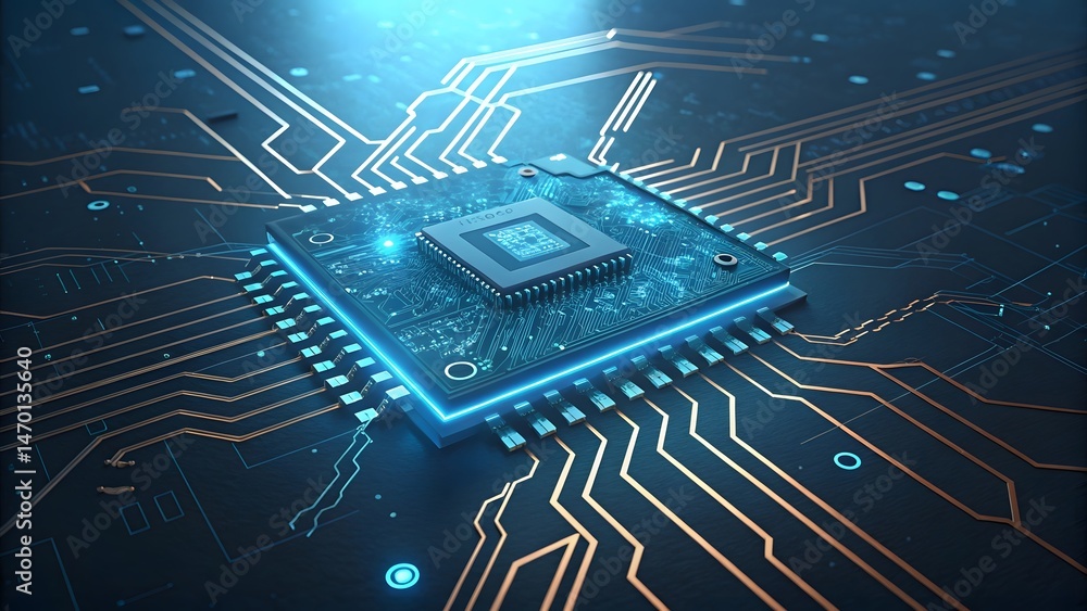 Poster close-up view of a powerful microchip nestled within a complex circuit board, glowing with vibrant b