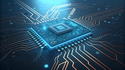 Close-up view of a powerful microchip nestled within a complex circuit board, glowing with vibrant blue light. Its intricate design suggests cutting-edge technology and immense processing power.