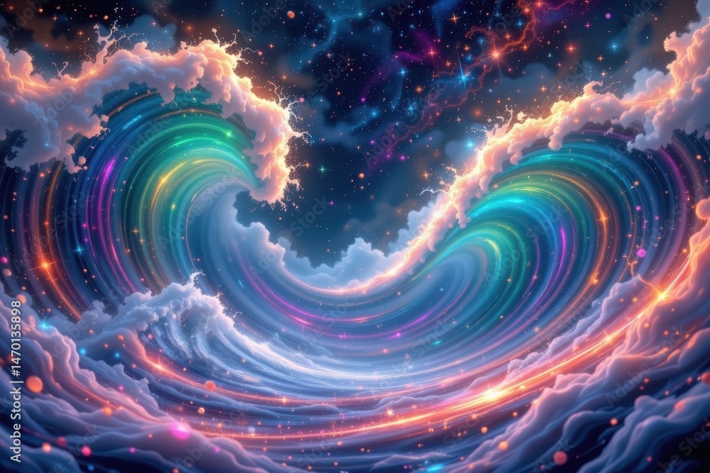 Poster imagine a mesmerizing scene where vibrant wave patterns dance and weave through a deep, mysterious s