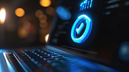 Close-up of laptop screen showing glowing blue update progress bar with percentage indicator, software installation or system upgrade process, digital technology and computer maintenance concept.
