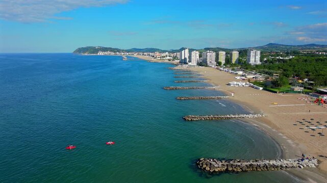 Italy, May 10, 2025: aerial view of the Misano Adriatico beach in the province of Rimini on the Romagna Riviera