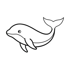Simple black and white outline of a cute swimming dolphin cartoon design for use in various projects
