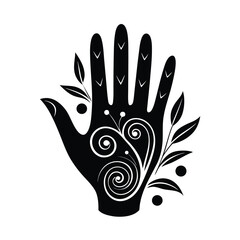Fototapeta premium Elegant black and white hand silhouette adorned with floral and swirl decorative elements isolated on white