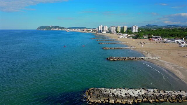 Italy, May 10, 2025: aerial view of the Misano Adriatico beach in the province of Rimini on the Romagna Riviera