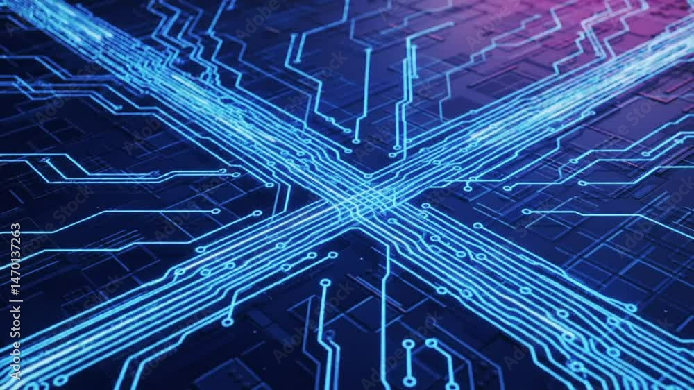 Poster Futuristic Circuit Board Animation with Glowing Blue Data Pathways