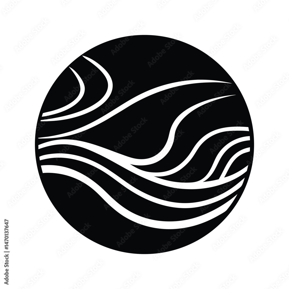 Poster abstract black and white design featuring wavy lines enclosed in a circular shape with a minimalist 