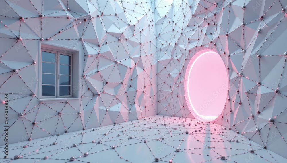 Poster imagine a mesmerizing artwork where an abstract polygonal space es to life on a pristine white backg