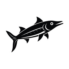 Sleek black and white graphic illustration of a barracuda fish silhouette against a plain white background