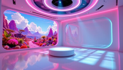 imagine a mesmerizing scene set in a futuristic showroom bathed in a kaleidoscope of colorful led lights, at the center of the room