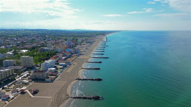 Italy, May 10, 2025: aerial view of the Misano Adriatico beach in the province of Rimini on the Romagna Riviera