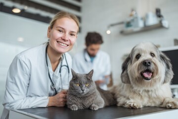 Cheerful veterinarian smiles with gray cat and small white dog lying comfortably on examination table in clinic