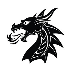 Bold black dragon head silhouette with flames spitting out suitable for logos and decorative designs