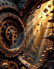 Obraz premium imagine a mesmerizing steampunk world where cogwheel fractals twist and turn in a hypnotic dance of intricate machinery, in this artwork
