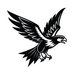 A striking black and white graphic illustration of a powerful eagle in mid flight