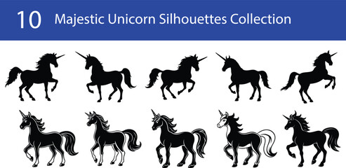 Majestic Unicorn Silhouettes Collection. Magical Horse Vector Set