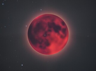 A deep red moon glows in a starry night sky, capturing the dramatic spectacle of a lunar eclipse.