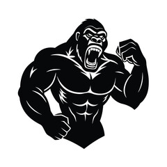 Powerful silhouette illustration of a furious gorilla with raised fists depicting strength and aggression © SandhaRani