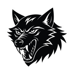 Intimidating black and white wolf head mascot design with fierce expression and sharp teeth