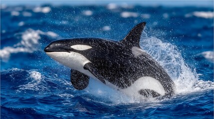 Fototapeta premium Orca Whale Breaching Ocean Waves Dramatic Wildlife.