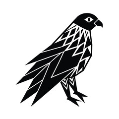 Black and white vector illustration of a geometric stylized hawk with sharp angles and unique details