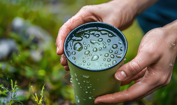 Collecting rainwater in reusable travel cup, showcasing droplets and nature beauty