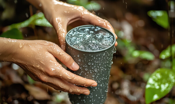 Hands collecting rainwater with reusable travel cup, showcasing nature beauty and sustainability