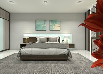 3D design idea for a bed featuring a headboard panel and drawer nightstands.
