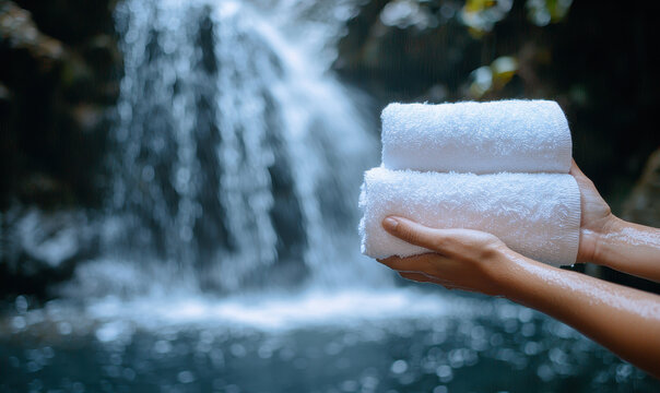 Soft towels held near serene waterfall, evoking sense of tranquility and relaxation