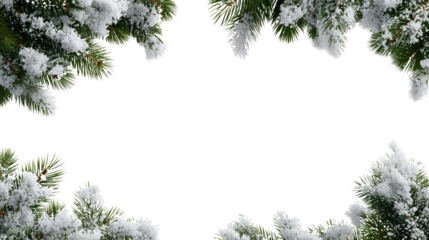 Festive Winter Frame: Snow-kissed evergreen boughs, delicately dusted with a soft layer of snow, frame a crisp, clear space, perfect for adding your personal touch.