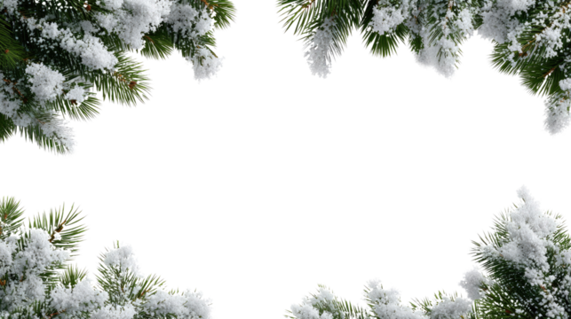 Festive Winter Frame: Snow-kissed evergreen boughs, delicately dusted with a soft layer of snow, frame a crisp, clear space, perfect for adding your personal touch.