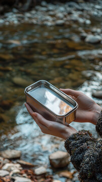 Person holds reusable stainless steel lunchbox by serene stream, showcasing eco friendly choices