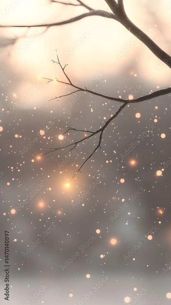 Poster glowing particles around tree branch in soft winter mist