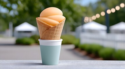 A perfectly swirled peach-colored ice cream in a crispy waffle cone, placed in a mint-blue holder cup against a blurred outdoor background. The composition captures a summer festival atmosphere