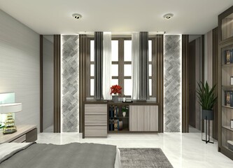 3D design idea for a storage and shoe cabinet positioned under a window for residential interiors.