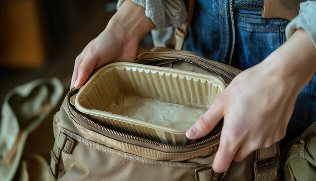 Packing biodegradable food container into backpack, showcasing eco friendly practices
