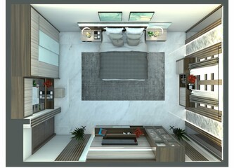 3D floor plan design idea for a mid-century modern bedroom interior.
