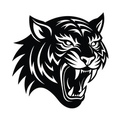 Fierce roaring tiger head vector illustration in black and white for mascot design and branding